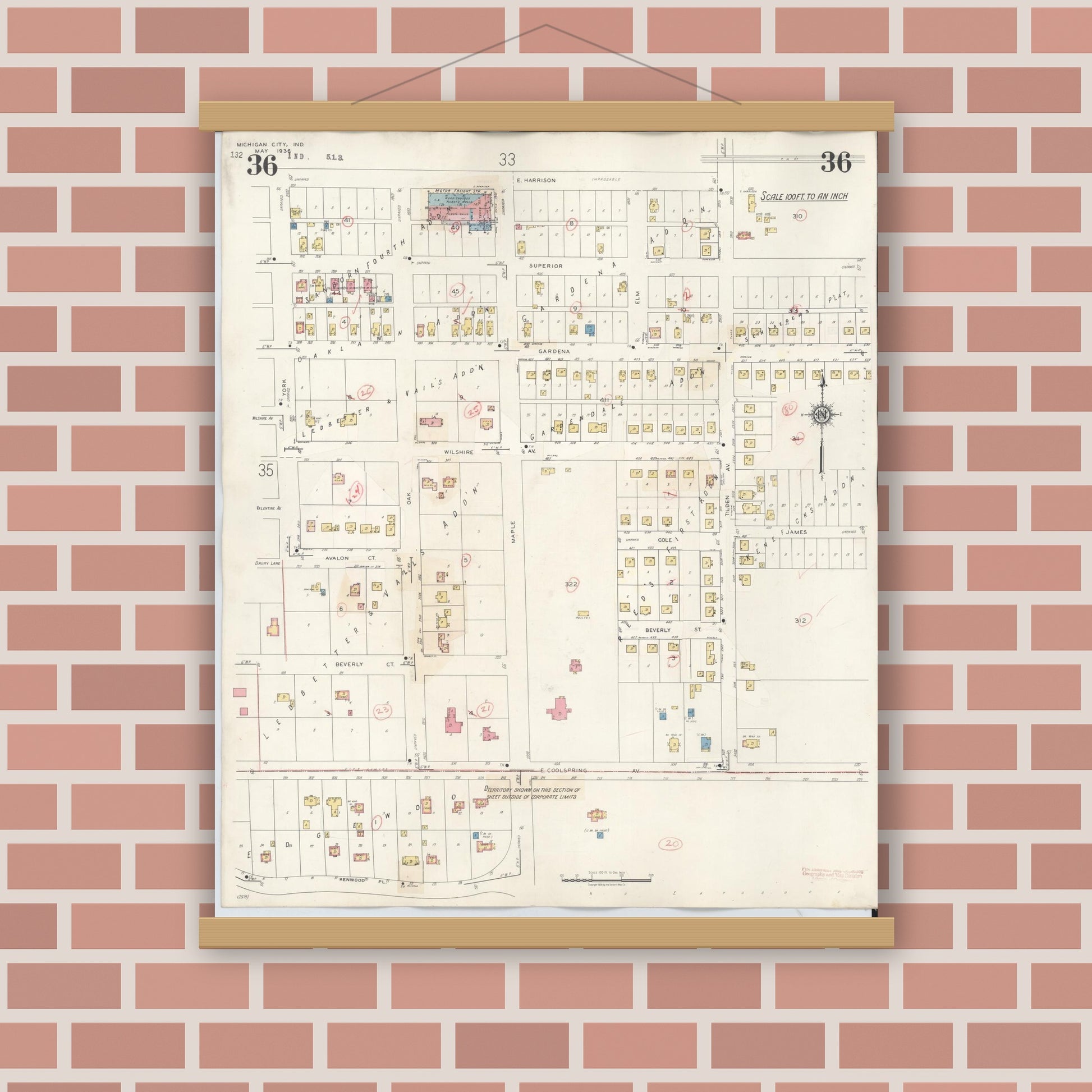 Old map wall art mockup — magnetic wood frame on brick wall — Sanborn Fire Insurance Map from Michigan City, La Porte County, Indiana (1948), Sheet #0036