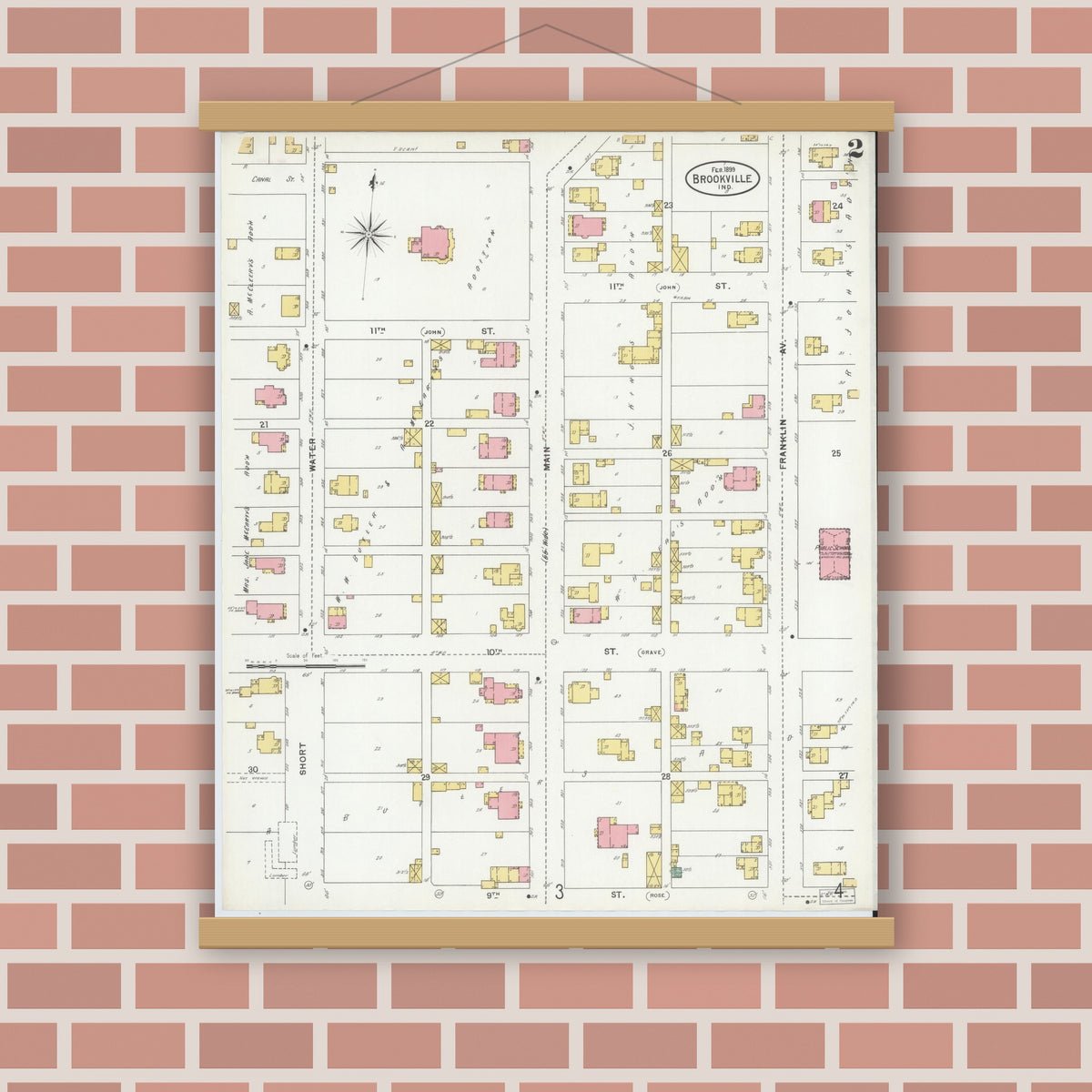 Old map wall art mockup — magnetic wood frame on brick wall — Sanborn Fire Insurance Map from Brookville, Franklin County, Indiana (1899), Sheet #0002