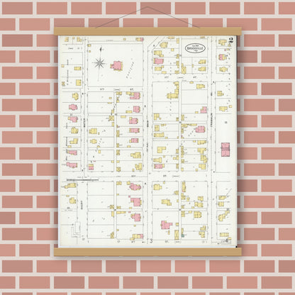 Old map wall art mockup — magnetic wood frame on brick wall — Sanborn Fire Insurance Map from Brookville, Franklin County, Indiana (1899), Sheet #0002