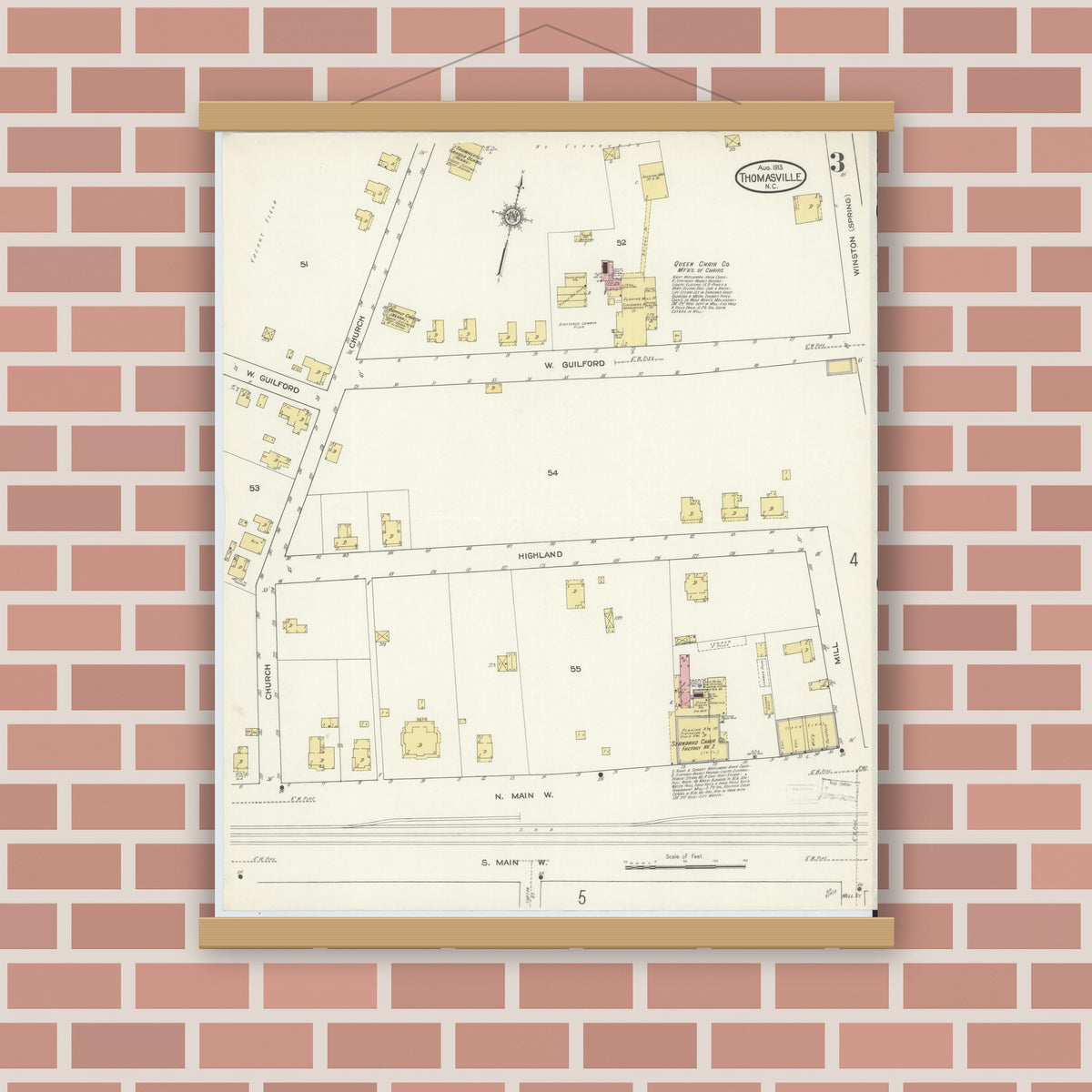 Old map wall art mockup — magnetic wood frame on brick wall — Sanborn Fire Insurance Map from Thomasville, Davidson County, North Carolina (1913), Sheet #0003