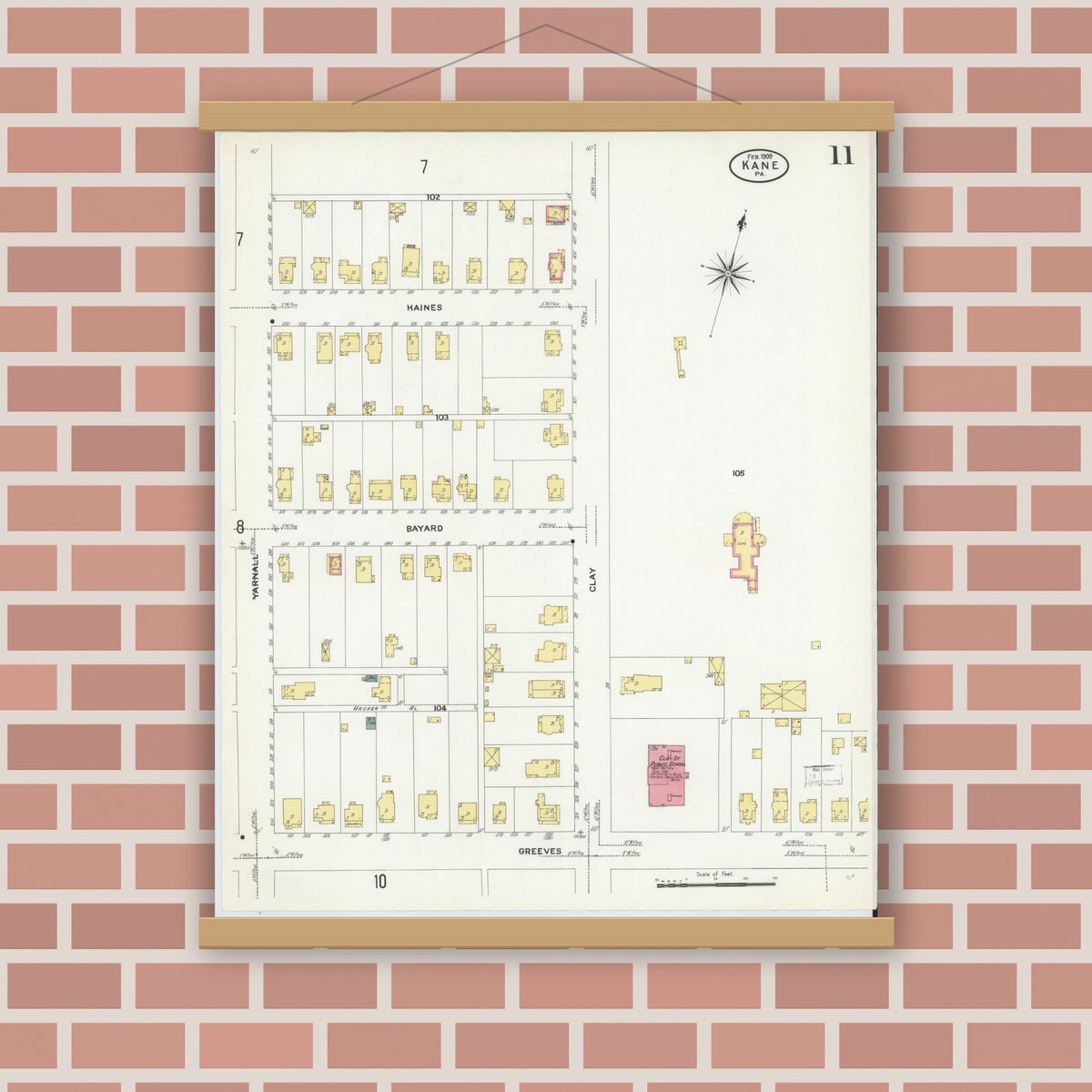 Old map wall art mockup — magnetic wood frame on brick wall — Sanborn Fire Insurance Map from Kane, McKean County, Pennsylvania (1909), Sheet #0011