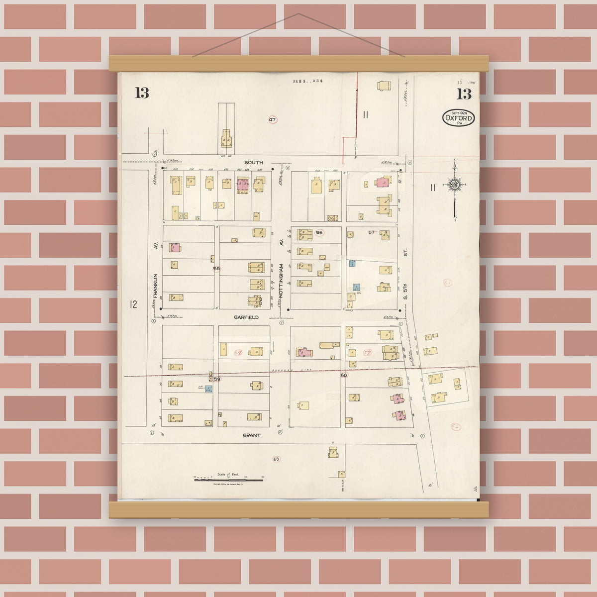 Old map wall art mockup — magnetic wood frame on brick wall — Sanborn Fire Insurance Map from Oxford, Chester County, Pennsylvania (1940), Sheet #0013