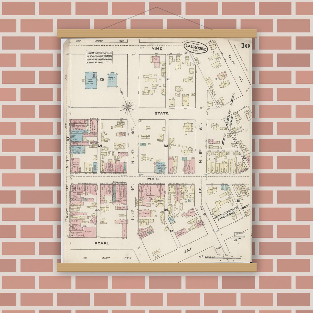 Old map wall art mockup — magnetic wood frame on brick wall — Sanborn Fire Insurance Map from La Crosse, La Crosse County, Wisconsin (1884), Sheet #0010