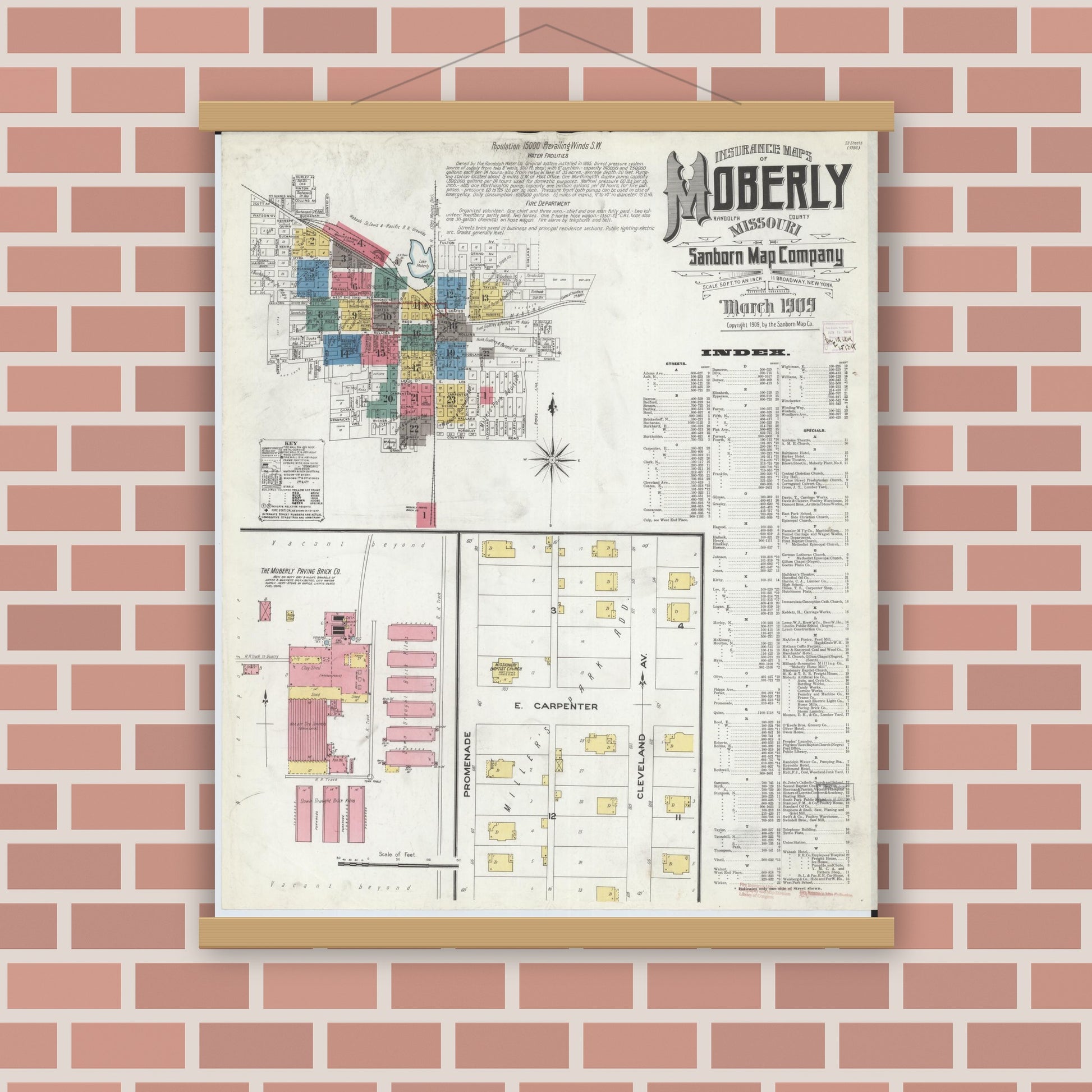 Old map wall art mockup — magnetic wood frame on brick wall — Sanborn Fire Insurance Map from Moberly, Randolph County, Missouri (1909) - Complete Map Set