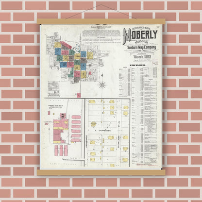 Old map wall art mockup — magnetic wood frame on brick wall — Sanborn Fire Insurance Map from Moberly, Randolph County, Missouri (1909) - Complete Map Set