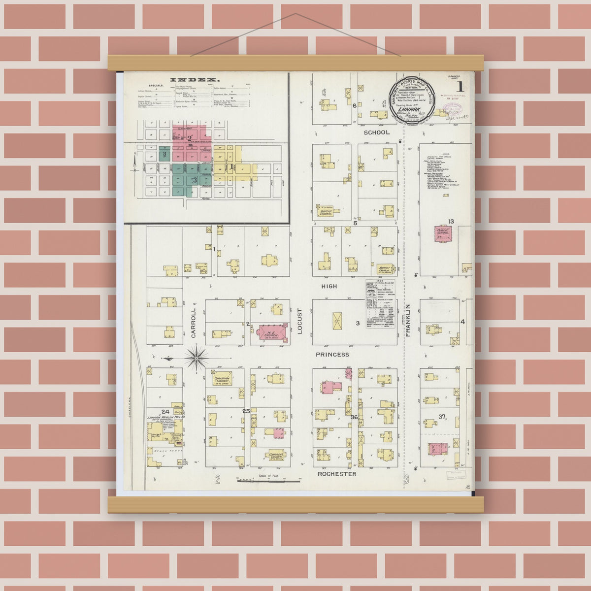 Old map wall art mockup — magnetic wood frame on brick wall — Sanborn Fire Insurance Map from Lanark, Carroll County, Illinois (1893) - Complete Map Set