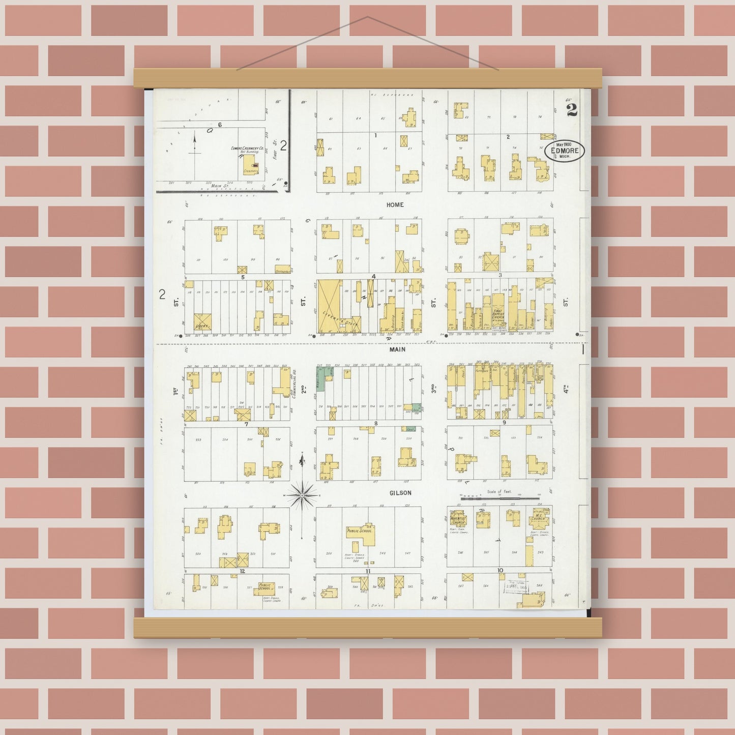 Old map wall art mockup — magnetic wood frame on brick wall — Sanborn Fire Insurance Map from Edmore, Montcalm County, Michigan (1900), Sheet #0002