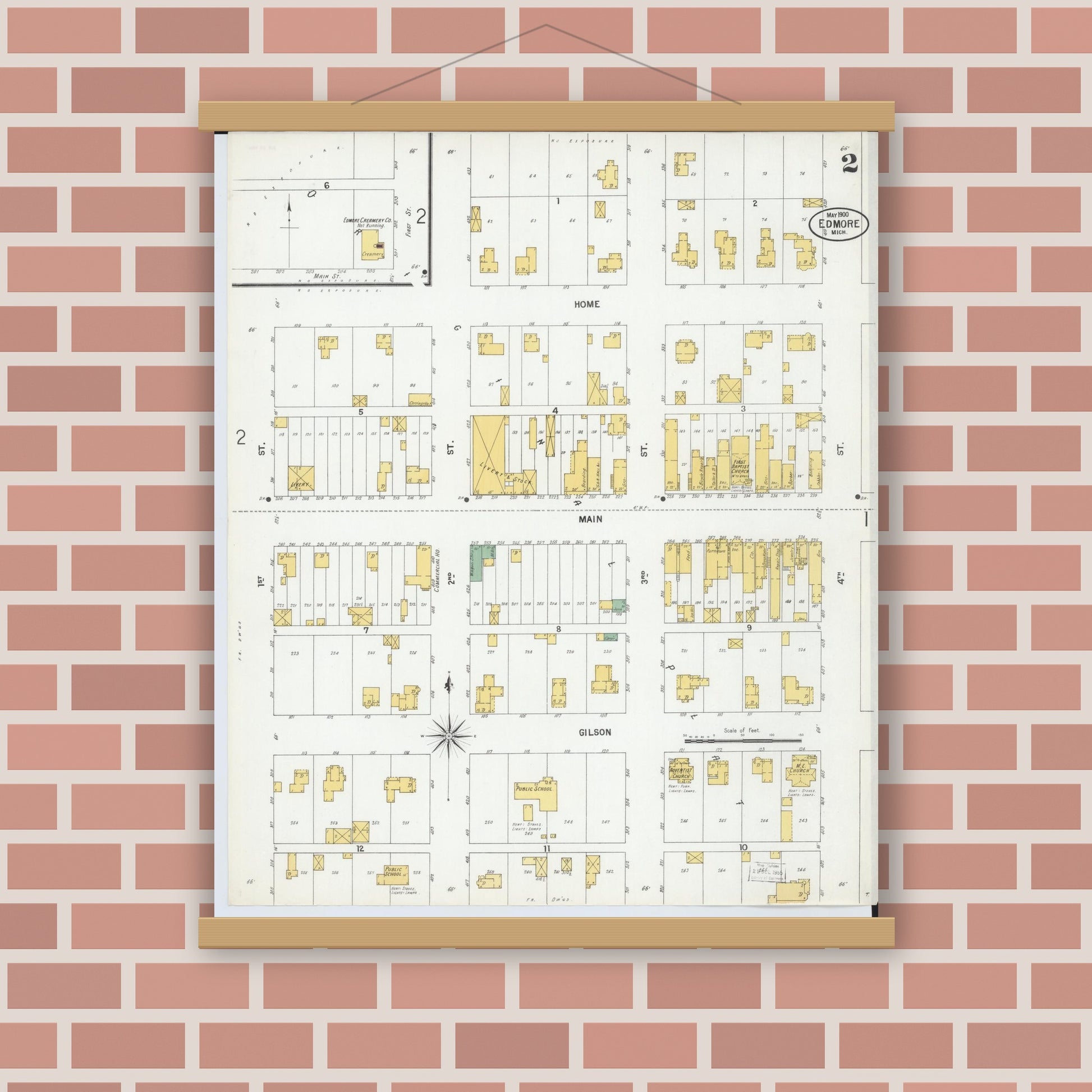 Old map wall art mockup — magnetic wood frame on brick wall — Sanborn Fire Insurance Map from Edmore, Montcalm County, Michigan (1900), Sheet #0002