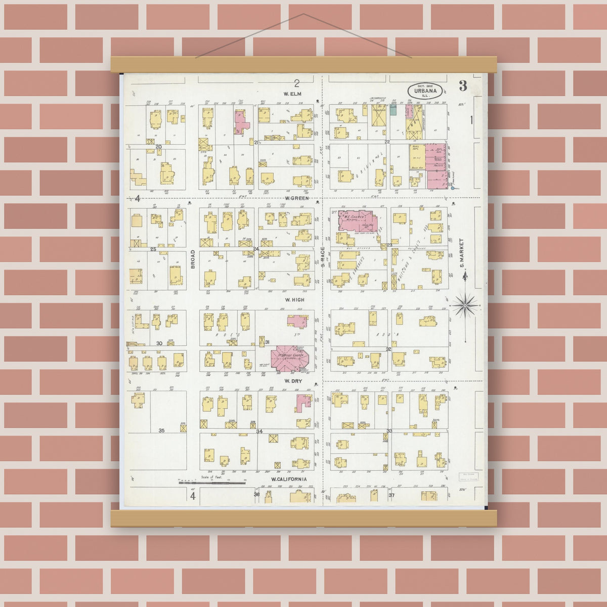 Old map wall art mockup — magnetic wood frame on brick wall — Sanborn Fire Insurance Map from Urbana, Champaign County, Illinois (1902), Sheet #0003