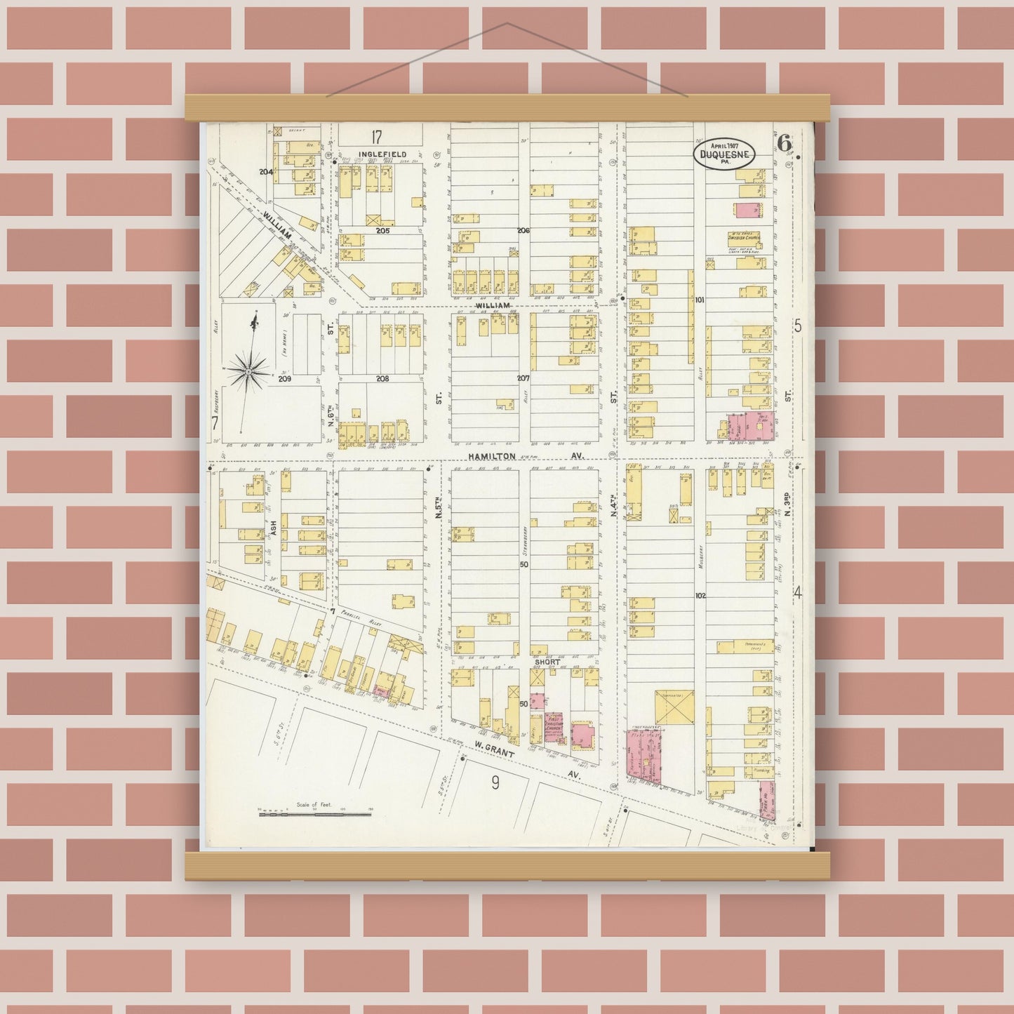 Old map wall art mockup — magnetic wood frame on brick wall — Sanborn Fire Insurance Map from Duquesne, Allegheny County, Pennsylvania (1907), Sheet #0006