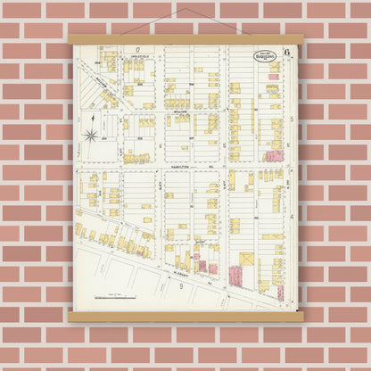 Old map wall art mockup — magnetic wood frame on brick wall — Sanborn Fire Insurance Map from Duquesne, Allegheny County, Pennsylvania (1907), Sheet #0006