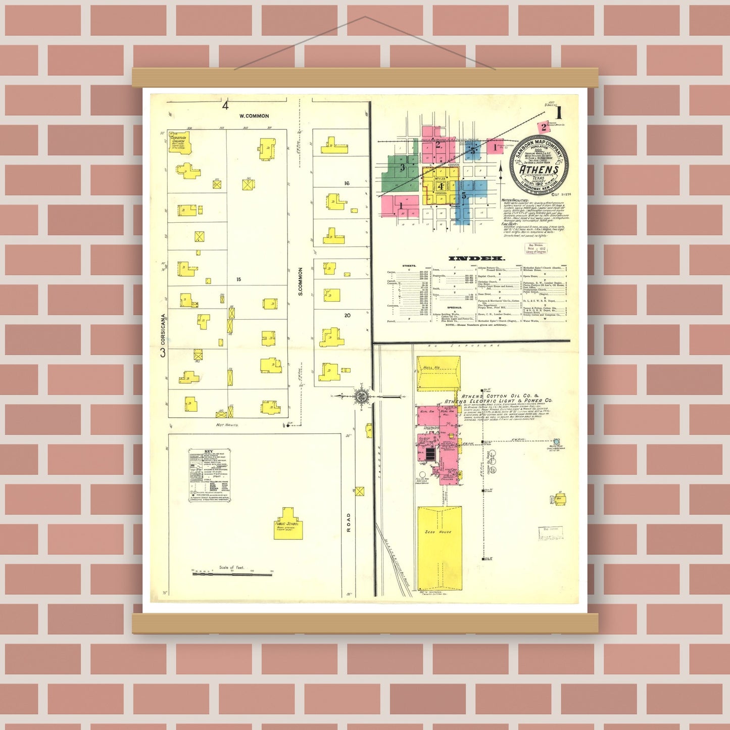 Old map wall art mockup — magnetic wood frame on brick wall — Sanborn Fire Insurance Map from Athens, Henderson County, Texas (1912), Sheet #0001