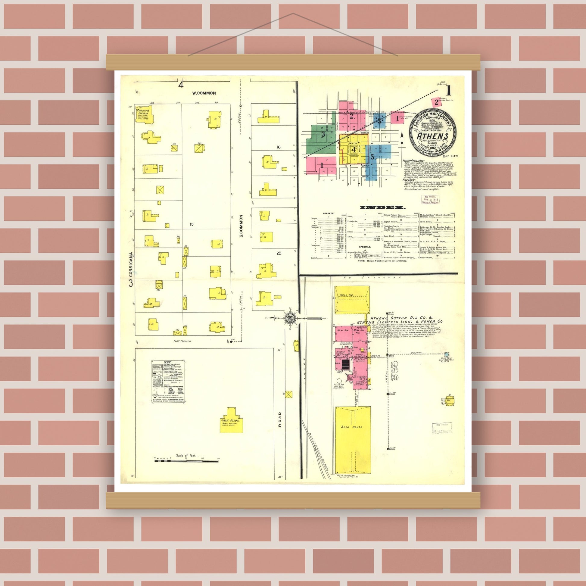 Old map wall art mockup — magnetic wood frame on brick wall — Sanborn Fire Insurance Map from Athens, Henderson County, Texas (1912), Sheet #0001