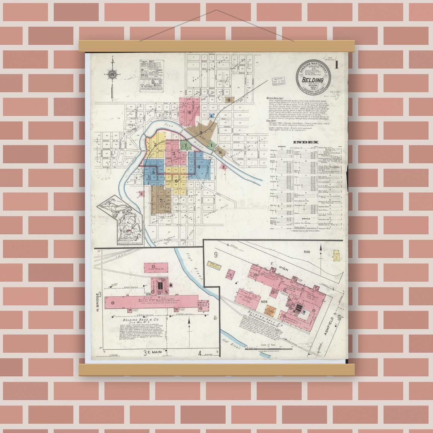 Old map wall art mockup — magnetic wood frame on brick wall — Sanborn Fire Insurance Map from Belding, Ionia County, Michigan (1918), Sheet #0001
