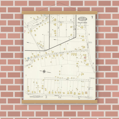 Old map wall art mockup — magnetic wood frame on brick wall — Sanborn Fire Insurance Map from Rockingham, Richmond County, North Carolina (1918), Sheet #0007