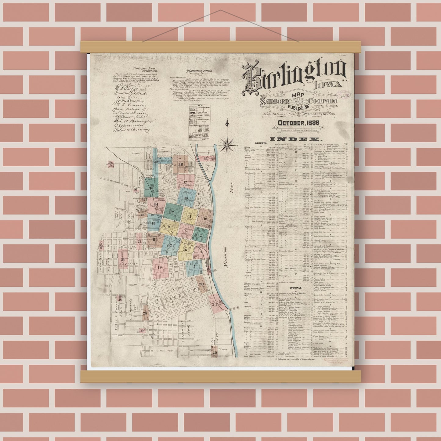 Old map wall art mockup — magnetic wood frame on brick wall — Sanborn Fire Insurance Map from Burlington, Des Moines County, Iowa (1888) â€” Complete Set