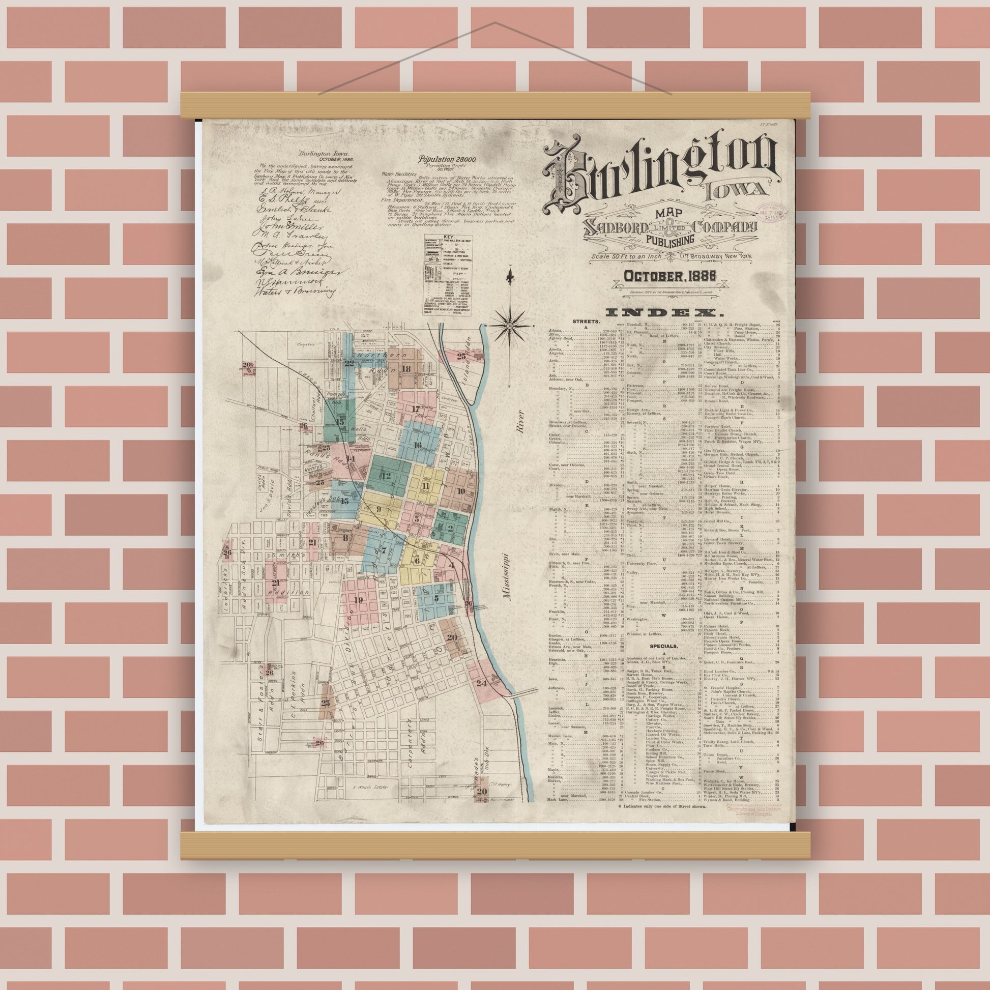 Old map wall art mockup — magnetic wood frame on brick wall — Sanborn Fire Insurance Map from Burlington, Des Moines County, Iowa (1888) â€” Complete Set