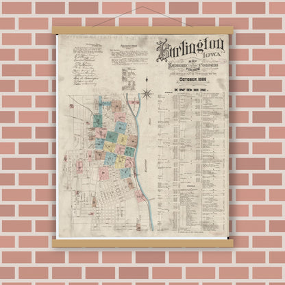 Old map wall art mockup — magnetic wood frame on brick wall — Sanborn Fire Insurance Map from Burlington, Des Moines County, Iowa (1888) â€” Complete Set