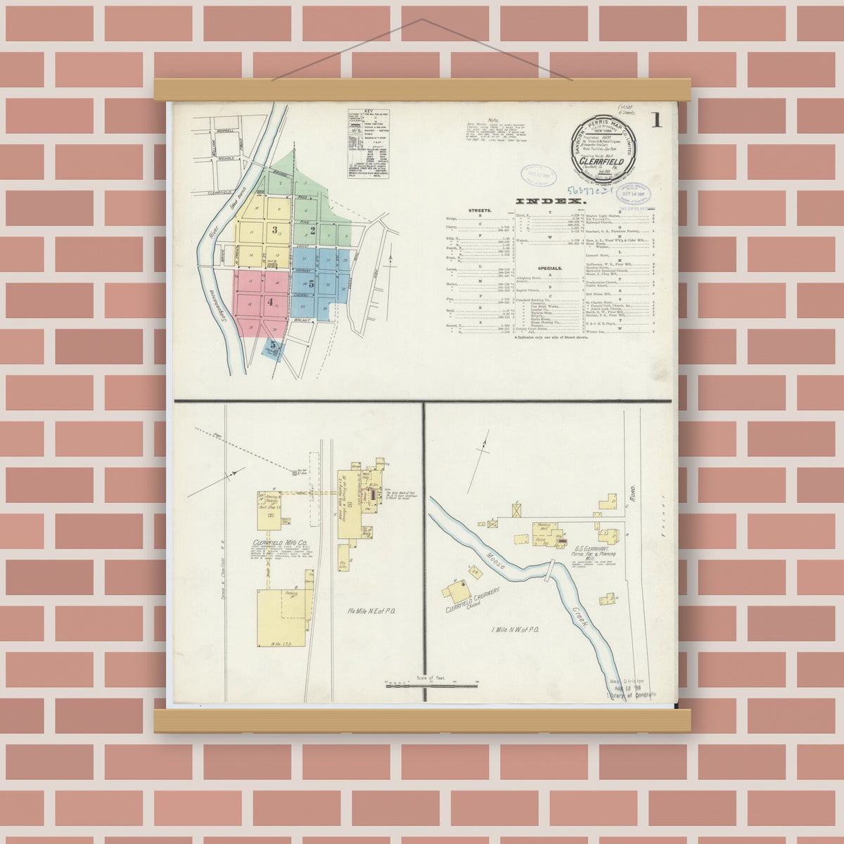 Old map wall art mockup — magnetic wood frame on brick wall — Sanborn Fire Insurance Map from Clearfield, Clearfield County, Pennsylvania (1897), Sheet #0001