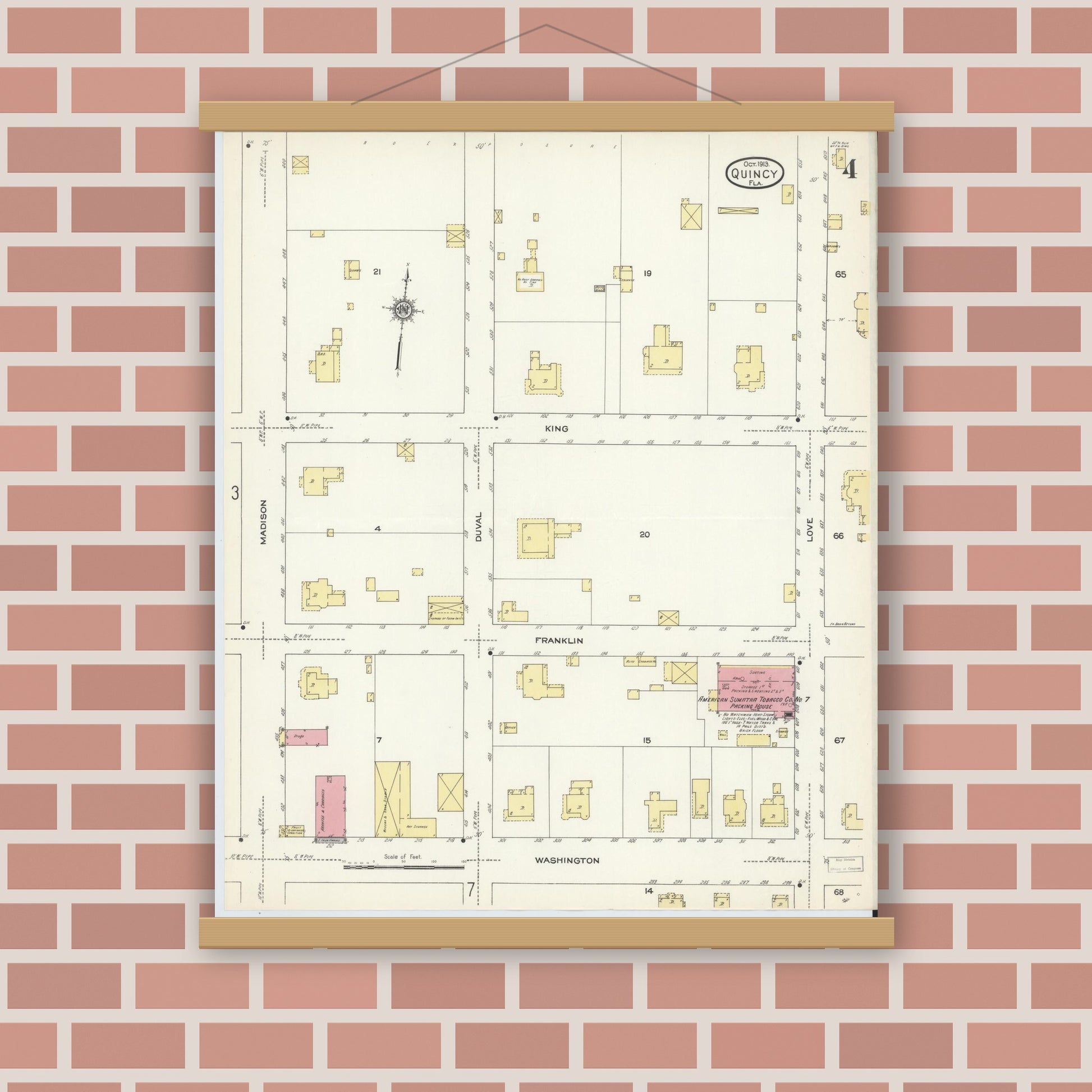 Old map wall art mockup — magnetic wood frame on brick wall — Sanborn Fire Insurance Map from Quincy, Gadsden County, Florida (1913), Sheet #0004