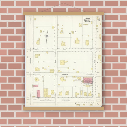 Old map wall art mockup — magnetic wood frame on brick wall — Sanborn Fire Insurance Map from Quincy, Gadsden County, Florida (1913), Sheet #0004