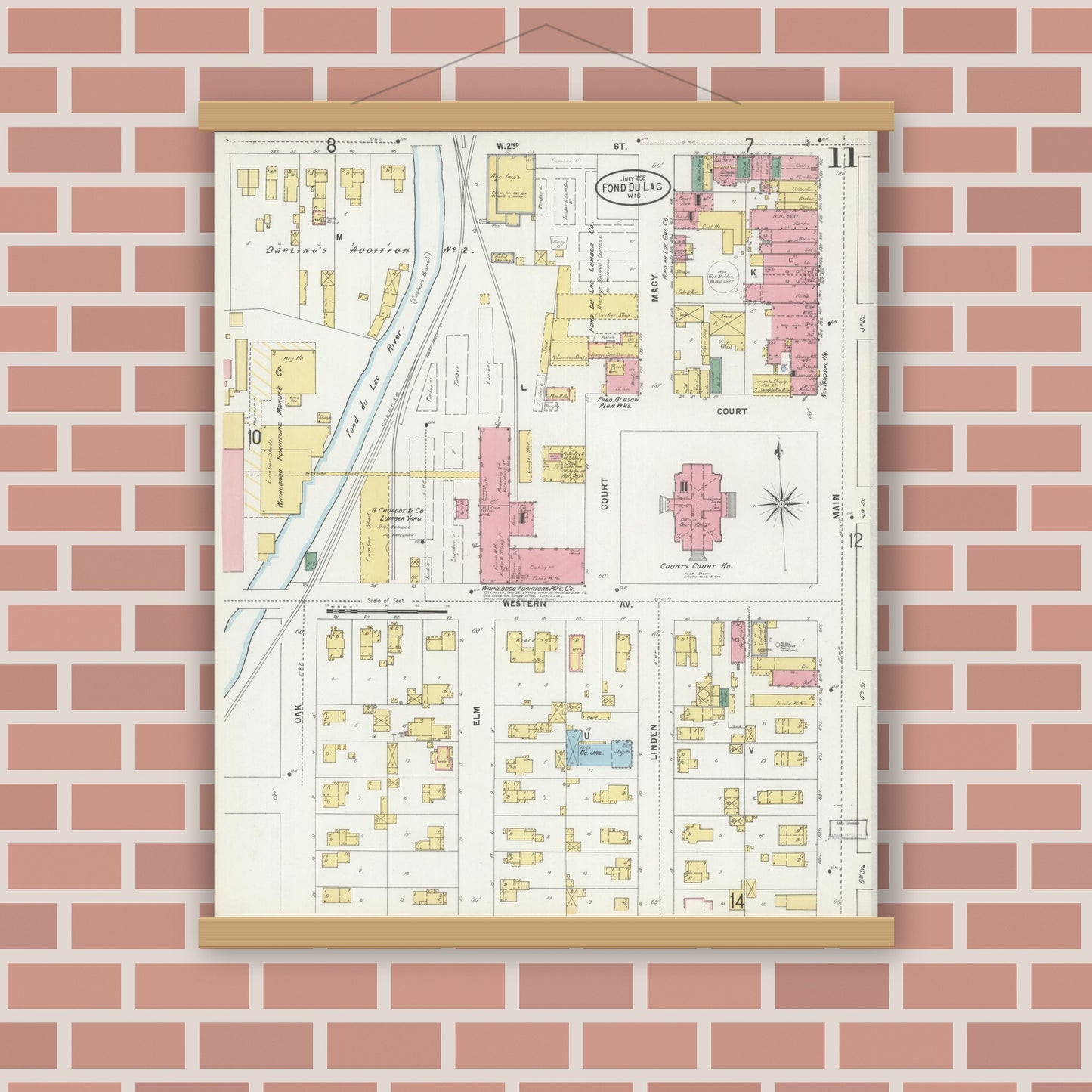 Old map wall art mockup — magnetic wood frame on brick wall — Sanborn Fire Insurance Map from Fond du Lac, Fond du Lac County, Wisconsin (1898), Sheet #0011