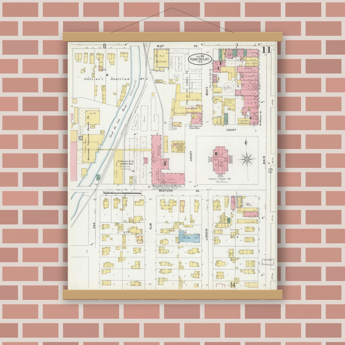 Old map wall art mockup — magnetic wood frame on brick wall — Sanborn Fire Insurance Map from Fond du Lac, Fond du Lac County, Wisconsin (1898), Sheet #0011