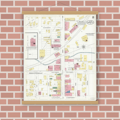 Old map wall art mockup — magnetic wood frame on brick wall — Sanborn Fire Insurance Map from New Castle, Henry County, Indiana (1908), Sheet #0008