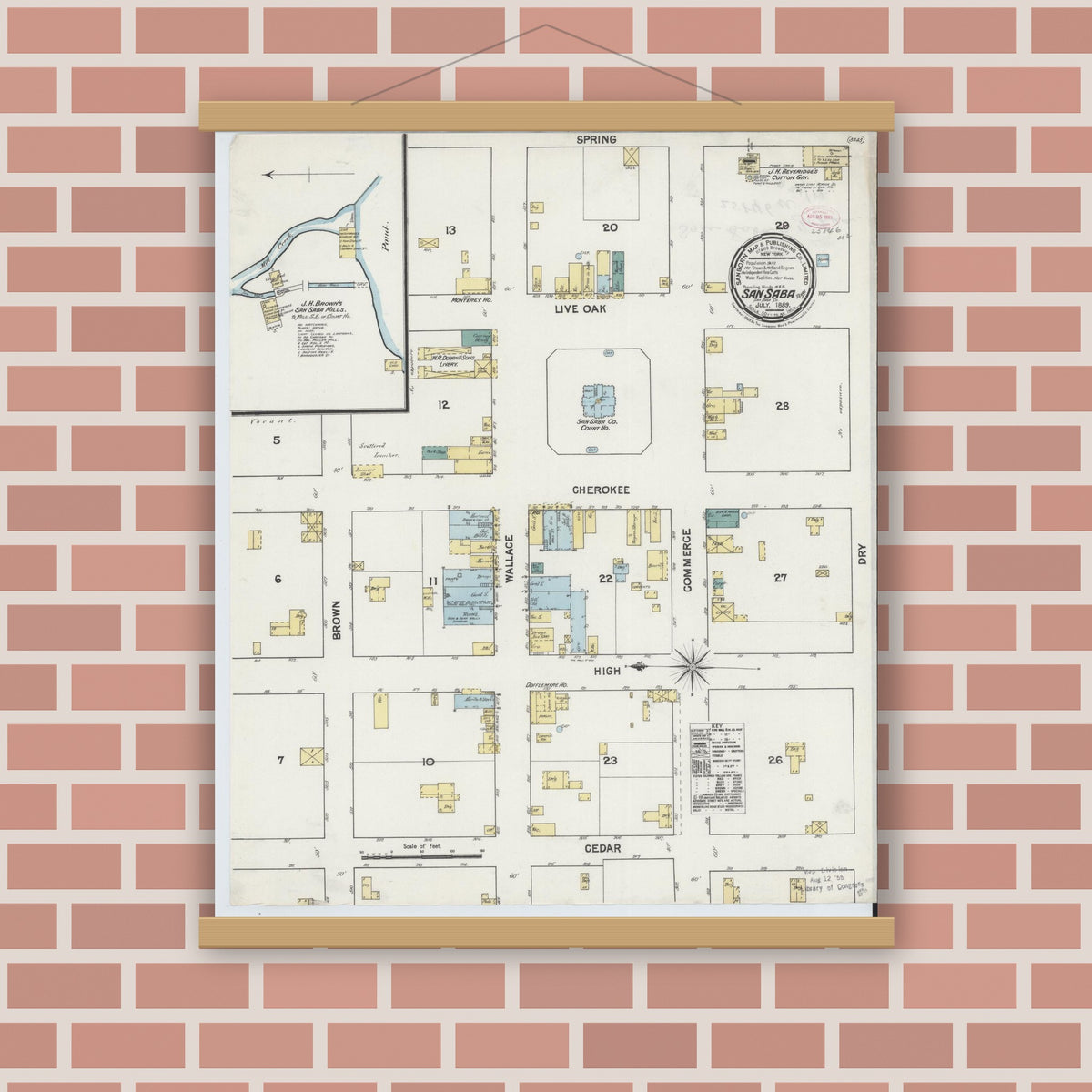 Old map wall art mockup — magnetic wood frame on brick wall — Sanborn Fire Insurance Map from San Saba, San Saba County, Texas (1889), Sheet #0001