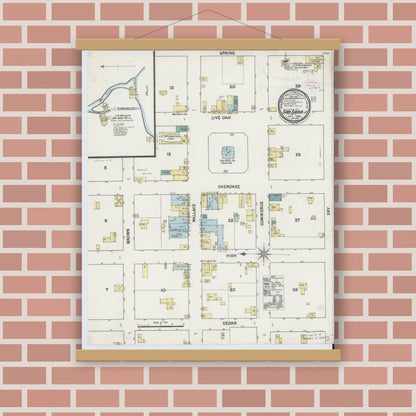Old map wall art mockup — magnetic wood frame on brick wall — Sanborn Fire Insurance Map from San Saba, San Saba County, Texas (1889), Sheet #0001