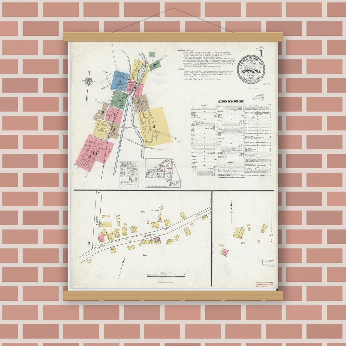 Old map wall art mockup — magnetic wood frame on brick wall — Sanborn Fire Insurance Map from Whitehall, Washington County, New York (1916), Sheet #0001