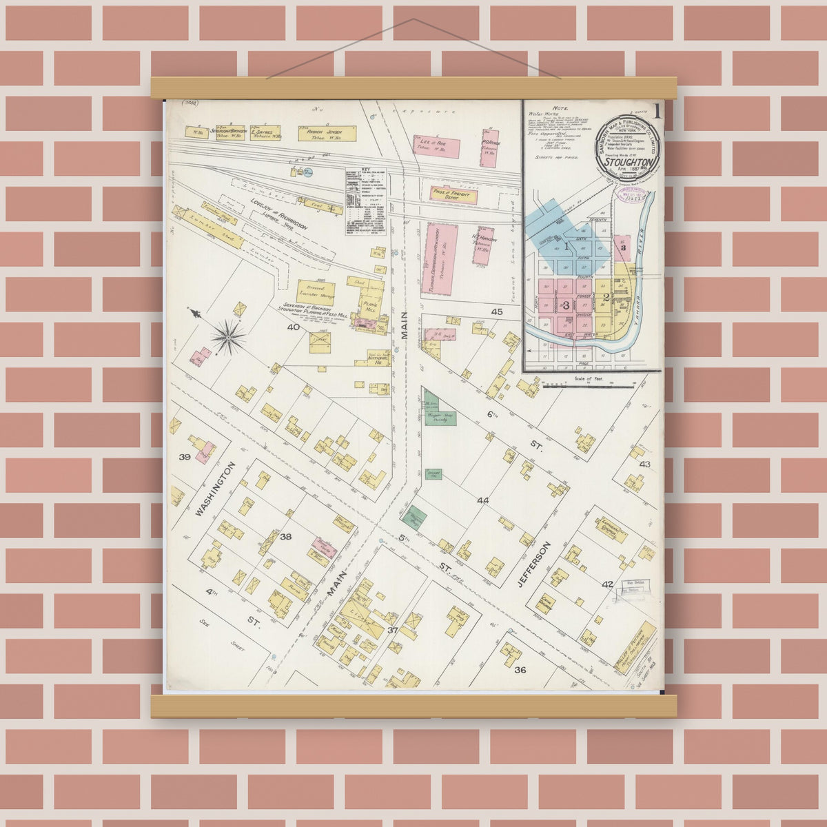 Old map wall art mockup — magnetic wood frame on brick wall — Sanborn Fire Insurance Map from Stoughton, Dane County, Wisconsin (1887) - Complete Map Set