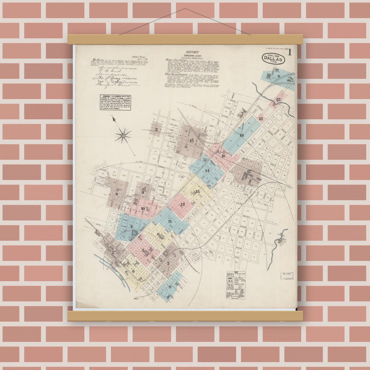 Old map wall art mockup — magnetic wood frame on brick wall — Sanborn Fire Insurance Map from Dallas, Dallas County, Texas (1885) - Complete Map Set