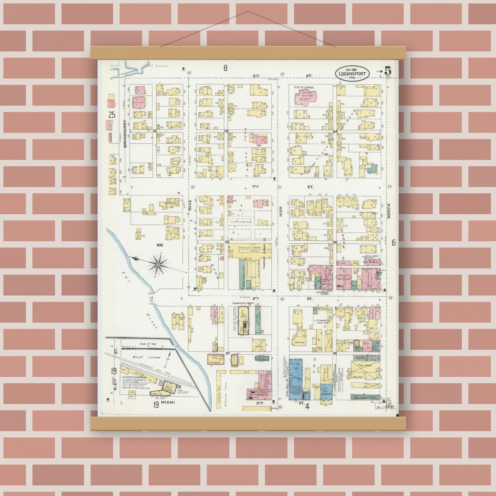 Old map wall art mockup — magnetic wood frame on brick wall — Sanborn Fire Insurance Map from Logansport, Cass County, Indiana (1906), Sheet #0005