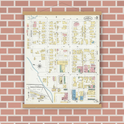 Old map wall art mockup — magnetic wood frame on brick wall — Sanborn Fire Insurance Map from Logansport, Cass County, Indiana (1906), Sheet #0005