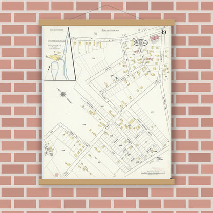 Old map wall art mockup — magnetic wood frame on brick wall — Sanborn Fire Insurance Map from Westfield, Hampden County, Massachusetts (1917), Sheet #0019