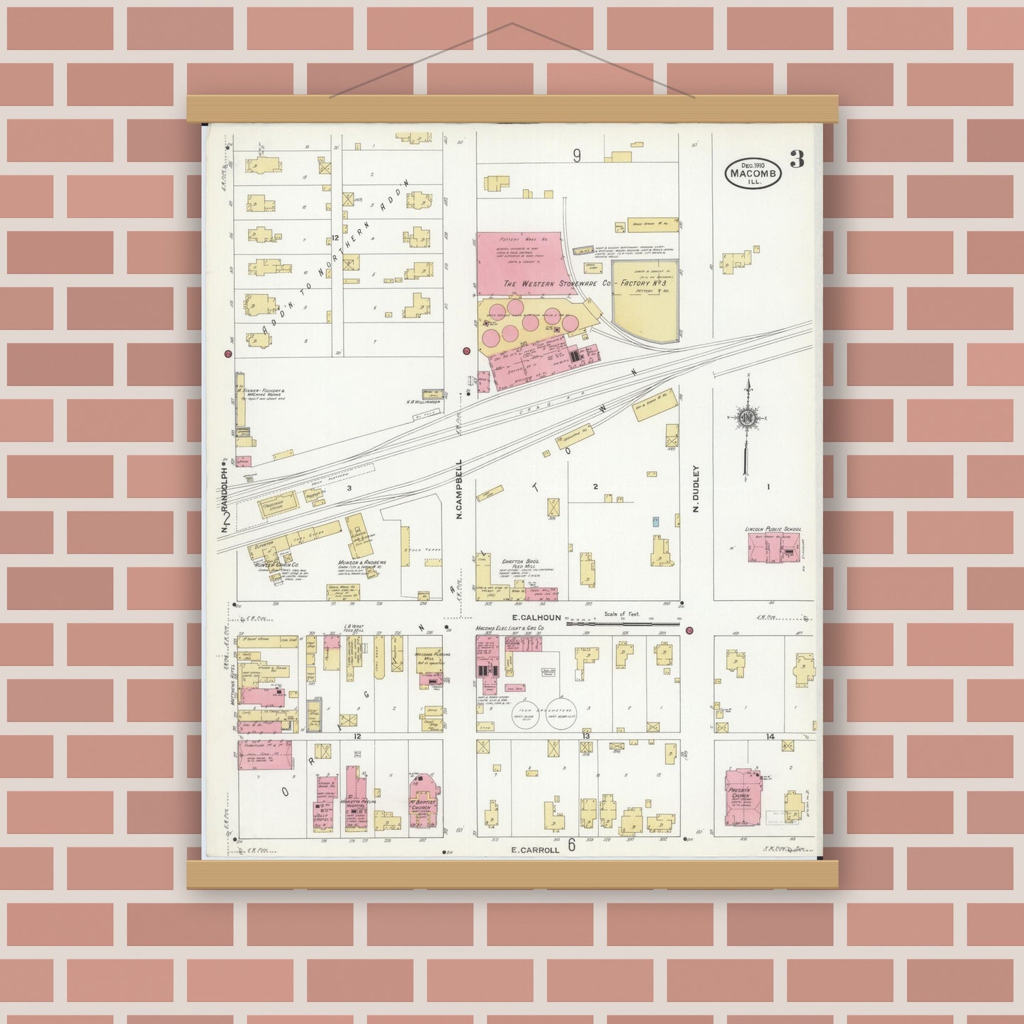 Old map wall art mockup — magnetic wood frame on brick wall — Sanborn Fire Insurance Map from Macomb, Mcdonough County, Illinois (1910), Sheet #0003