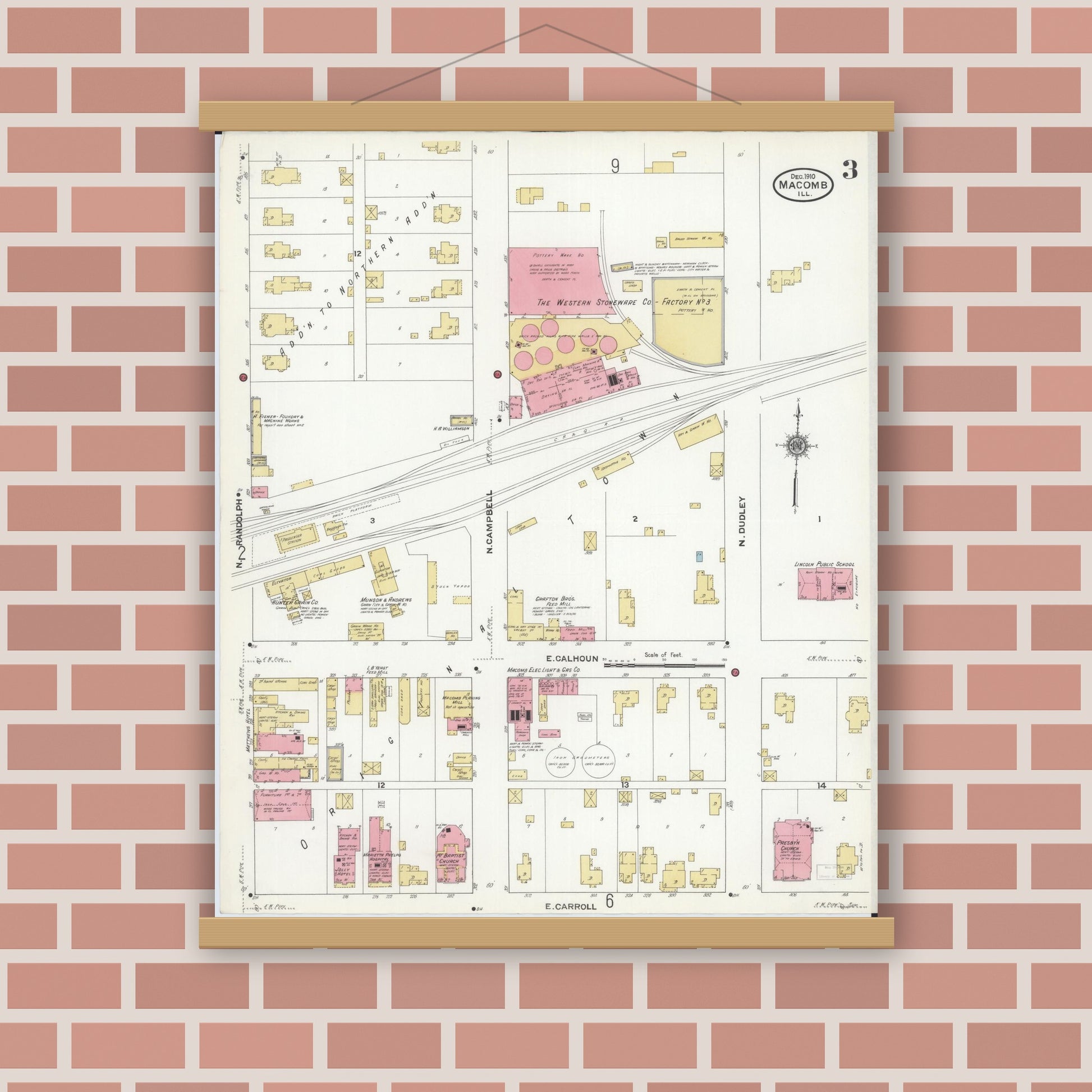 Old map wall art mockup — magnetic wood frame on brick wall — Sanborn Fire Insurance Map from Macomb, Mcdonough County, Illinois (1910), Sheet #0003
