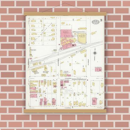 Old map wall art mockup — magnetic wood frame on brick wall — Sanborn Fire Insurance Map from Macomb, Mcdonough County, Illinois (1910), Sheet #0003