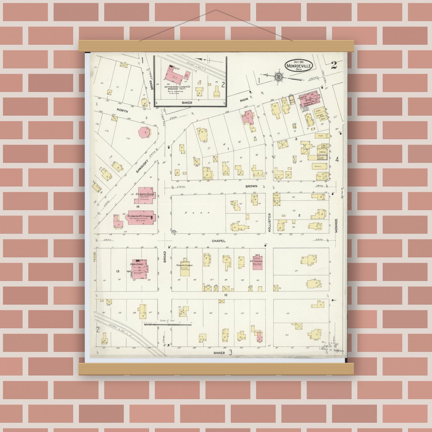 Old map wall art mockup — magnetic wood frame on brick wall — Sanborn Fire Insurance Map from Monroeville, Huron County, Ohio (1911), Sheet #0002
