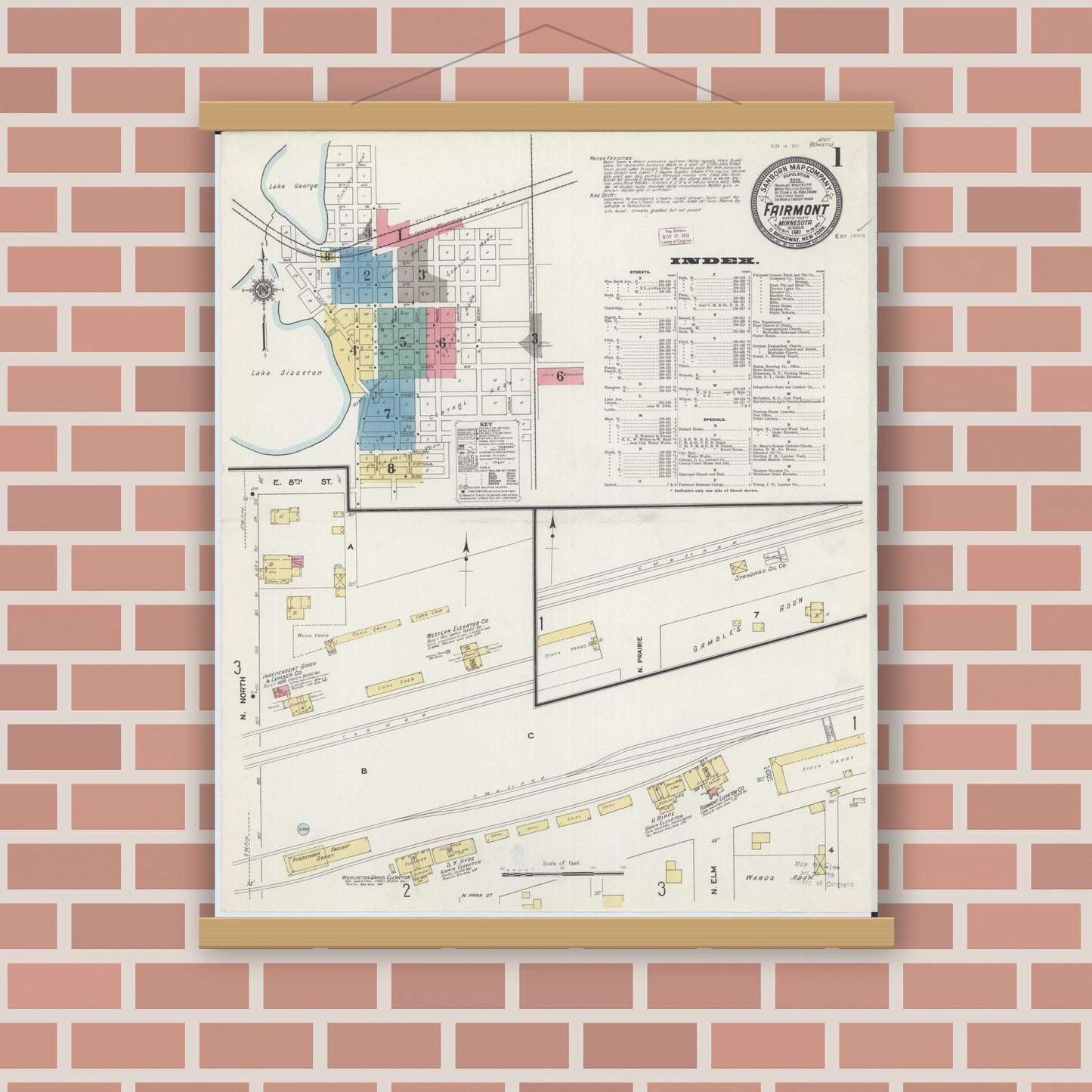 Old map wall art mockup — magnetic wood frame on brick wall — Sanborn Fire Insurance Map from Fairmont, Martin County, Minnesota (1911), Sheet #0001
