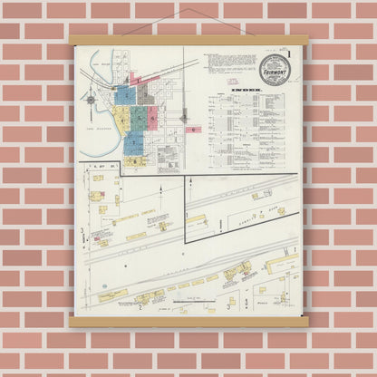 Old map wall art mockup — magnetic wood frame on brick wall — Sanborn Fire Insurance Map from Fairmont, Martin County, Minnesota (1911), Sheet #0001