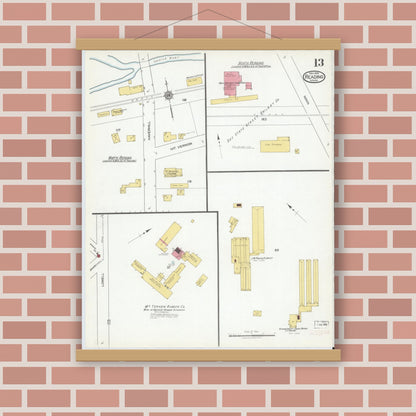 Old map wall art mockup — magnetic wood frame on brick wall — Sanborn Fire Insurance Map from Reading, Middlesex County, Massachusetts (1918), Sheet #0013