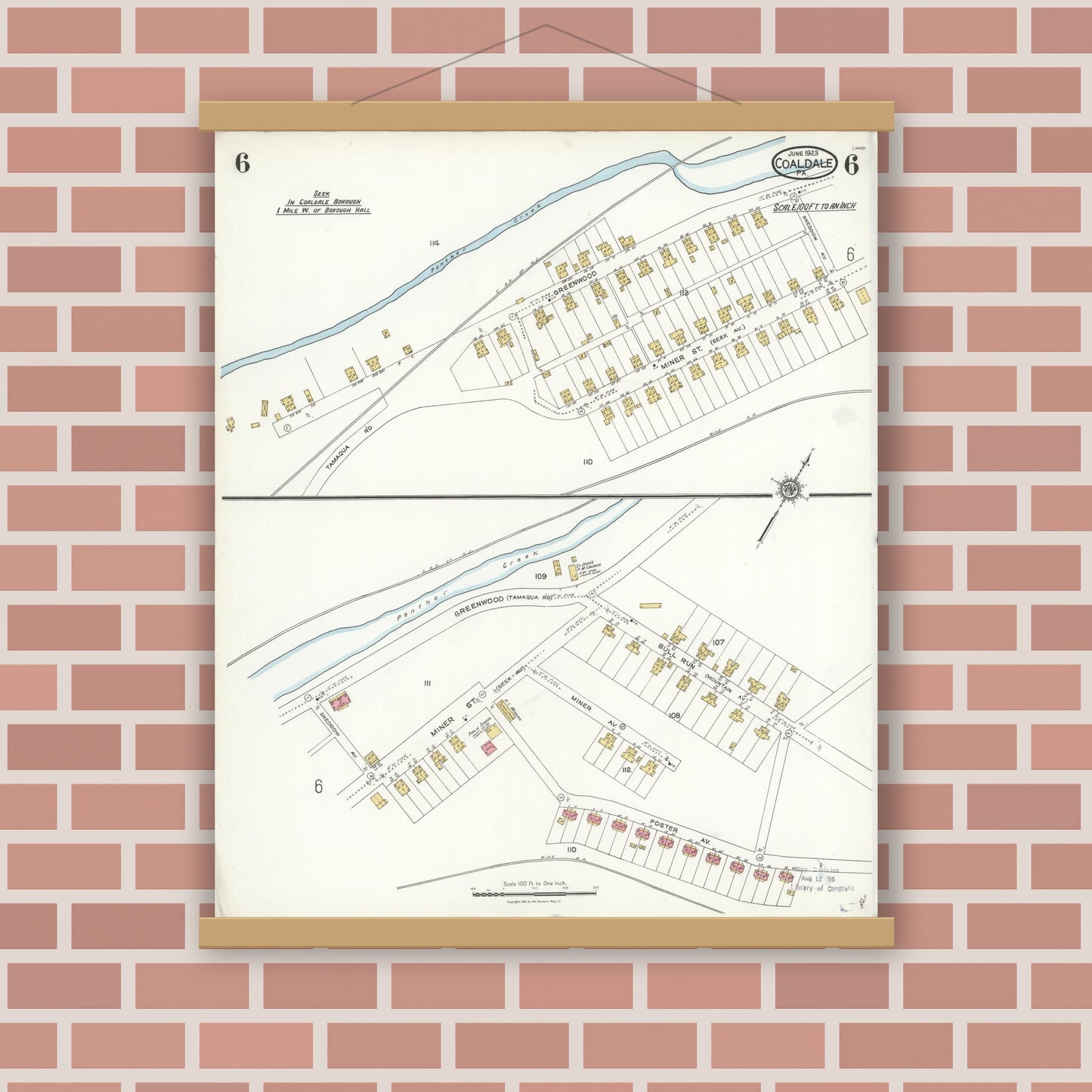 Old map wall art mockup — magnetic wood frame on brick wall — Sanborn Fire Insurance Map from Coaldale, Schuylkill County, Pennsylvania (1923), Sheet #0006