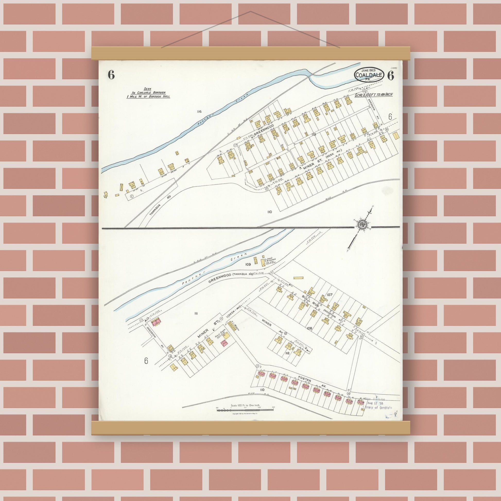 Old map wall art mockup — magnetic wood frame on brick wall — Sanborn Fire Insurance Map from Coaldale, Schuylkill County, Pennsylvania (1923), Sheet #0006