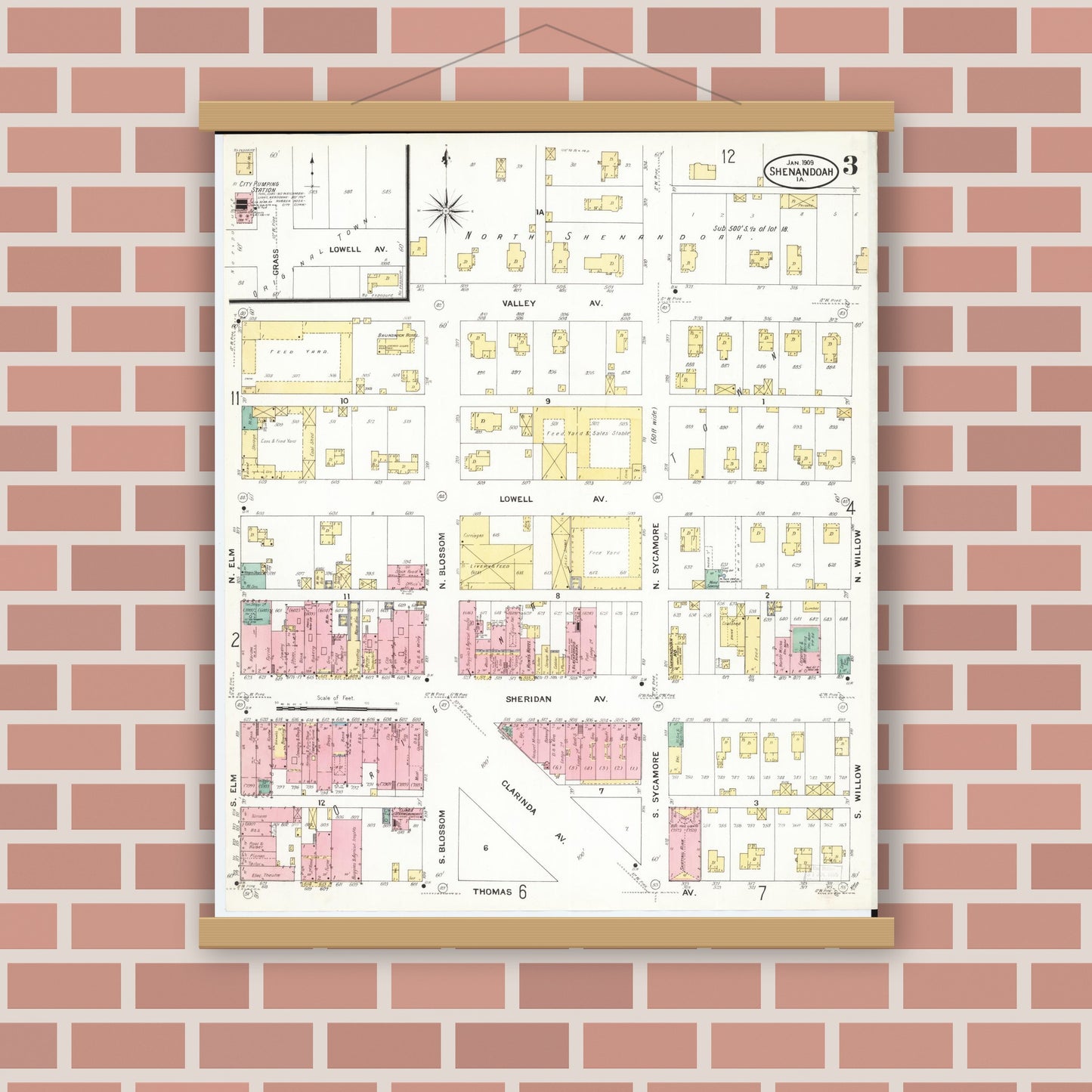 Old map wall art mockup — magnetic wood frame on brick wall — Sanborn Fire Insurance Map from Shenandoah, Page County, Iowa (1909), Sheet #0003