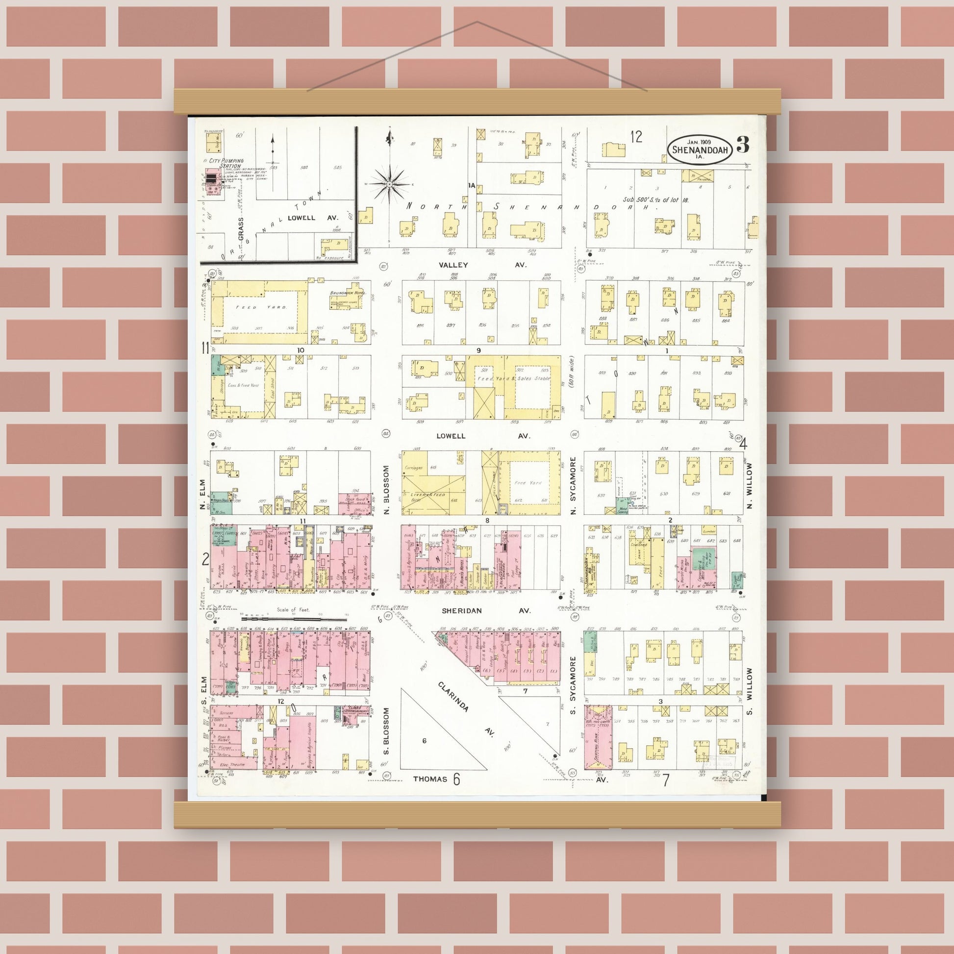 Old map wall art mockup — magnetic wood frame on brick wall — Sanborn Fire Insurance Map from Shenandoah, Page County, Iowa (1909), Sheet #0003