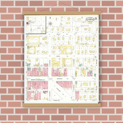 Old map wall art mockup — magnetic wood frame on brick wall — Sanborn Fire Insurance Map from Shenandoah, Page County, Iowa (1909), Sheet #0003
