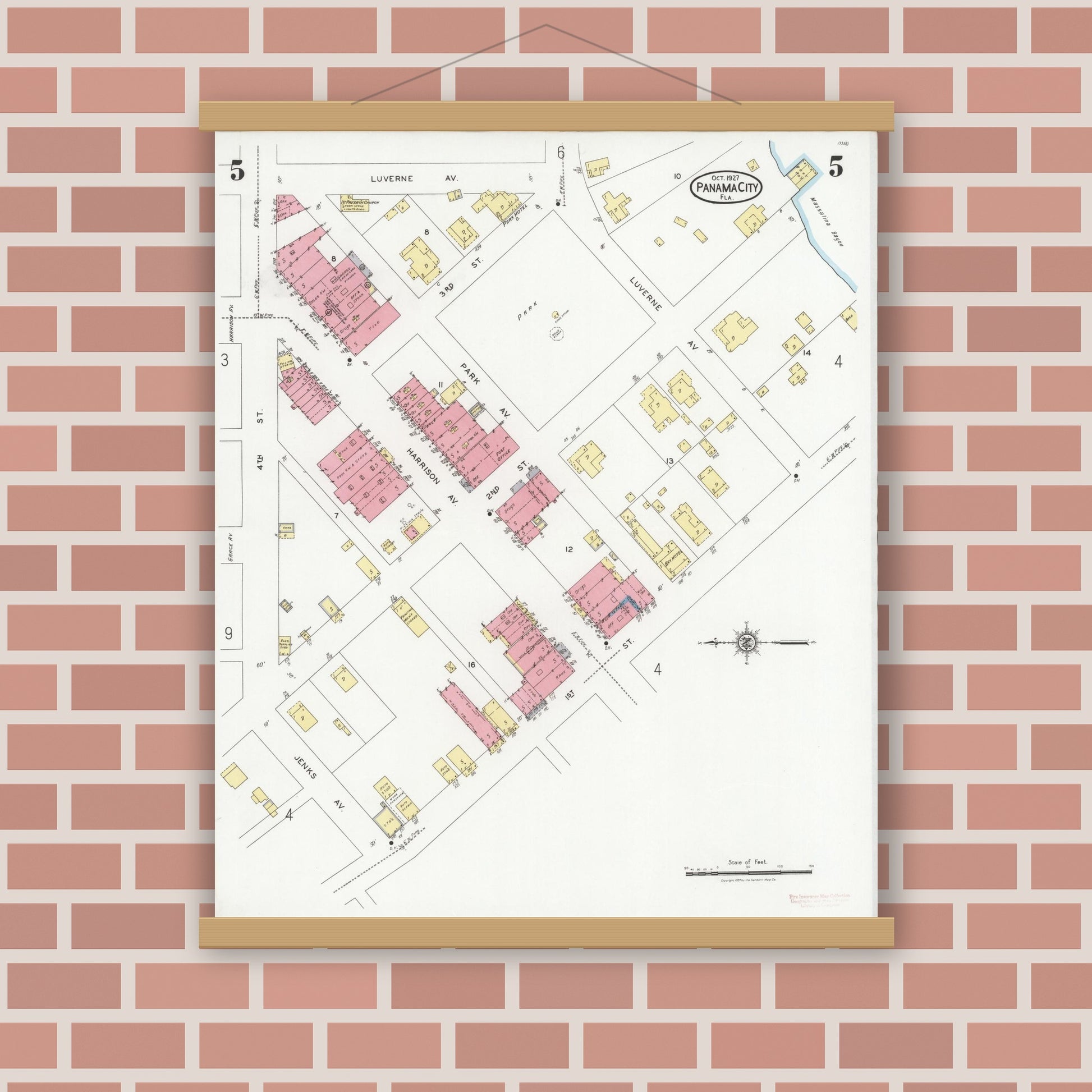 Old map wall art mockup — magnetic wood frame on brick wall — Sanborn Fire Insurance Map from Panama City, Bay County, Florida (1927), Sheet #0005
