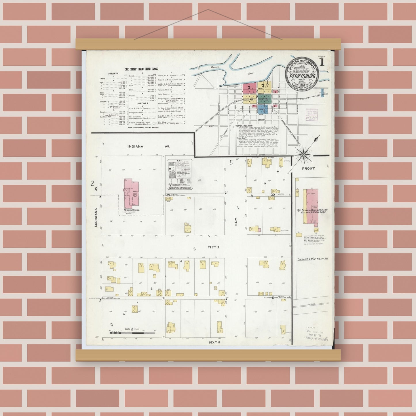 Old map wall art mockup — magnetic wood frame on brick wall — Sanborn Fire Insurance Map from Perrysburg, Wood County, Ohio (1908) - Complete Map Set